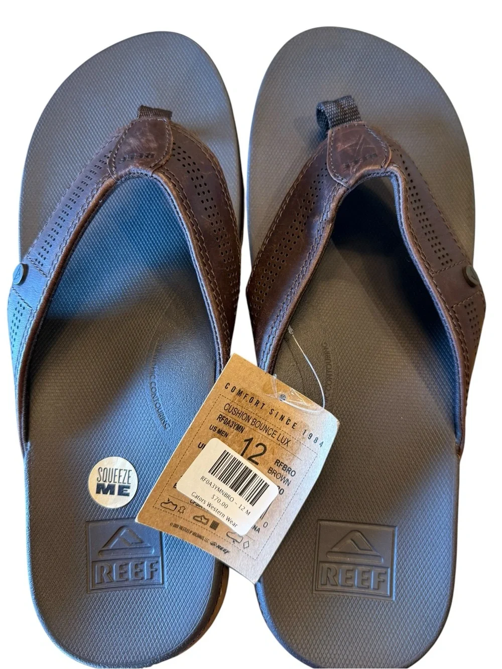 Reef Cushion Bounce Lux Men's 12 Brown Leather Flip Flops - Size 12